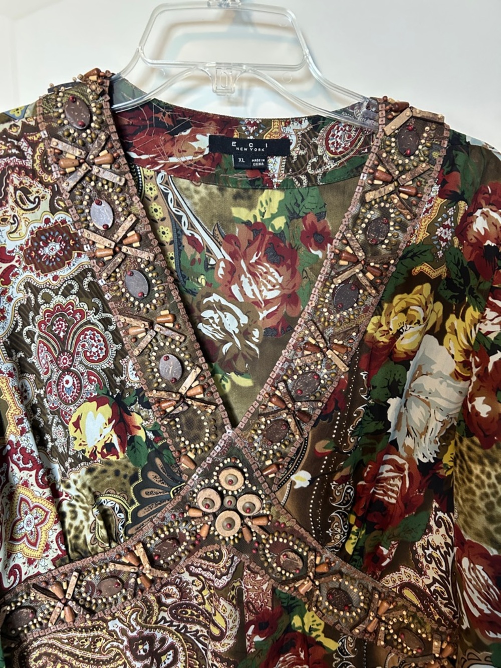 ECI  Multi Floral Beaded Silk Top, XL - Picture 3 of 5